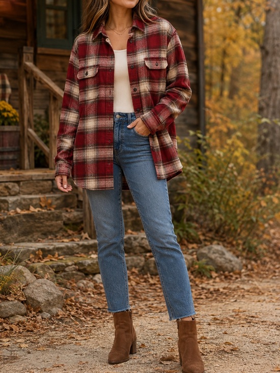 Orvis Tops - Heavyweight Cozy Flannel Shirt Jacket with side pockets Red Brown Tan Plaid